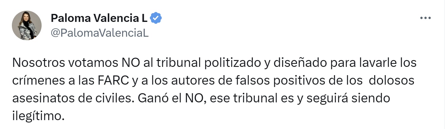 Paloma Valencia cuestionó a la JEP por declaraciones del general Torres Escalante - crédito X