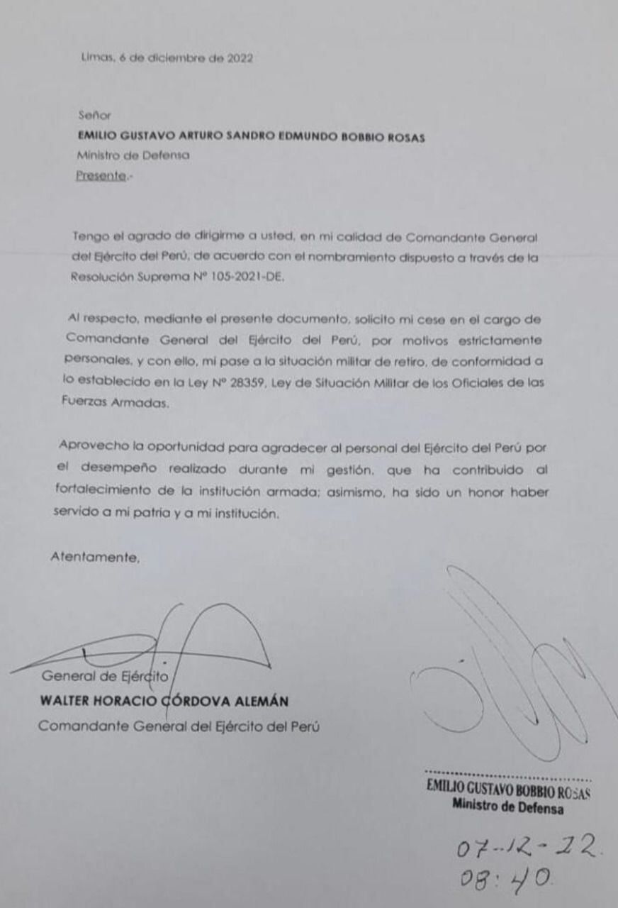 Walter Córdova Comandante General Del Ejército Presentó Su Carta De Renuncia Antes Del 6419