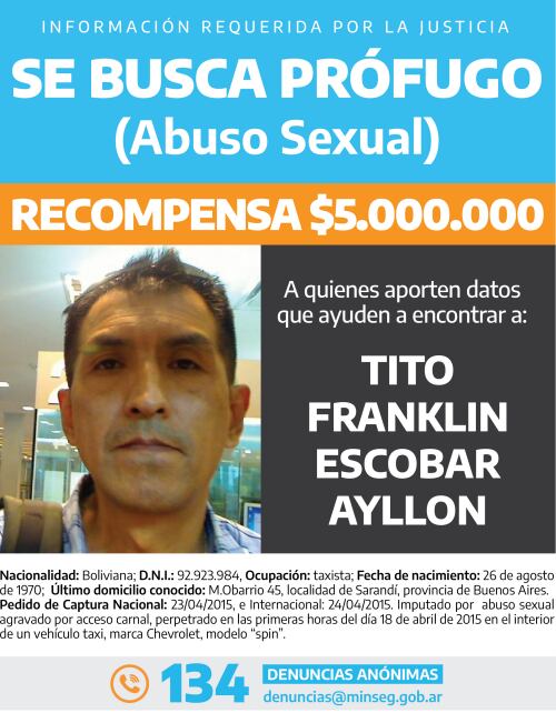 El último pedido de recompensa sobre Tito Franklin Escobar Ayllón