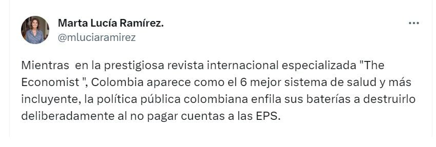 Publicación de Marta Lucía Ramírez, exvicepresidenta de Colombia - crédito @MLuciaRamirez/X