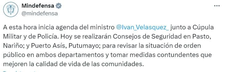 Así se informó por X, antes Twitter, sobre el consejo de seguridad en otras partes de Colombia - crédito Captura de pantalla X