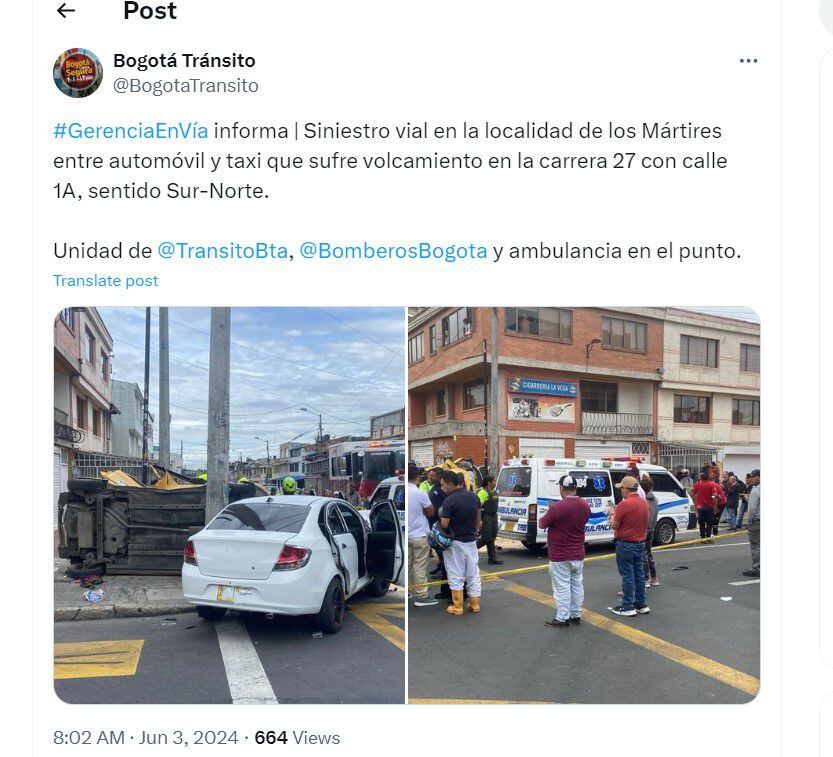 Ocurrió un accidente de tránsito en la localidad de Mártires - crédito @BogotaTransito