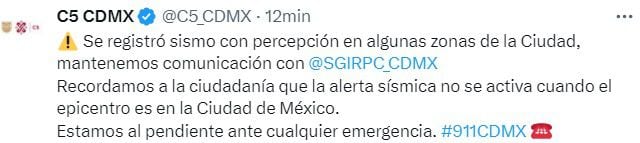 El C5 aclaró porqué no sonó la alerta sísmica en la CDMX. (C5_CDMX)