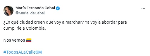 María Fernanda Cabal no estará en Bogotá para las marchas contra Petro - crédito captura de pantalla.