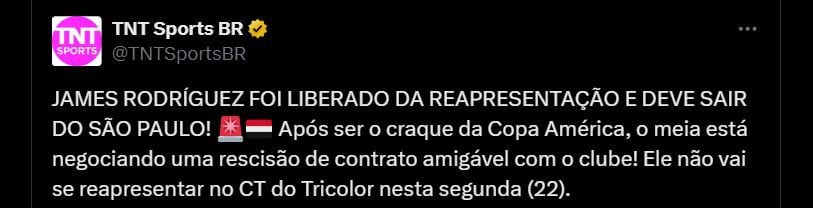 Desde Brasil creció la noticia de que James Rodríguez rescindió su contrato con São Paulo - crédito @TNTSportsBR/X