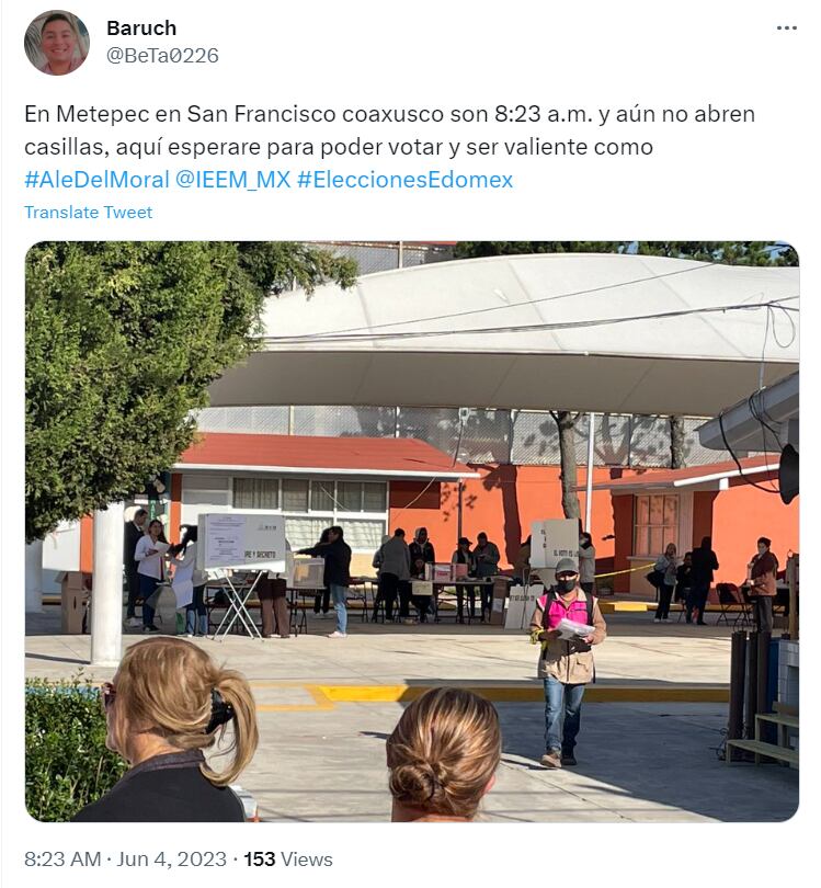 Durante las elecciones Edomex 2023, usuarios de redes sociales denunciaron retrasos en la apertura de las casillas de Metepec. (Captura de pantalla/Twitter).