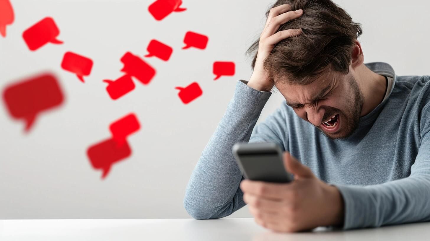 Joven mirando su smartphone con una expresión de estrés y preocupación, rodeado por íconos de notificaciones, mensajes y 'likes' de redes sociales como Instagram. La fotografía captura el impacto de la constante conectividad online en la salud mental y la ansiedad en la era digital. (Imagen ilustrativa Infobae)