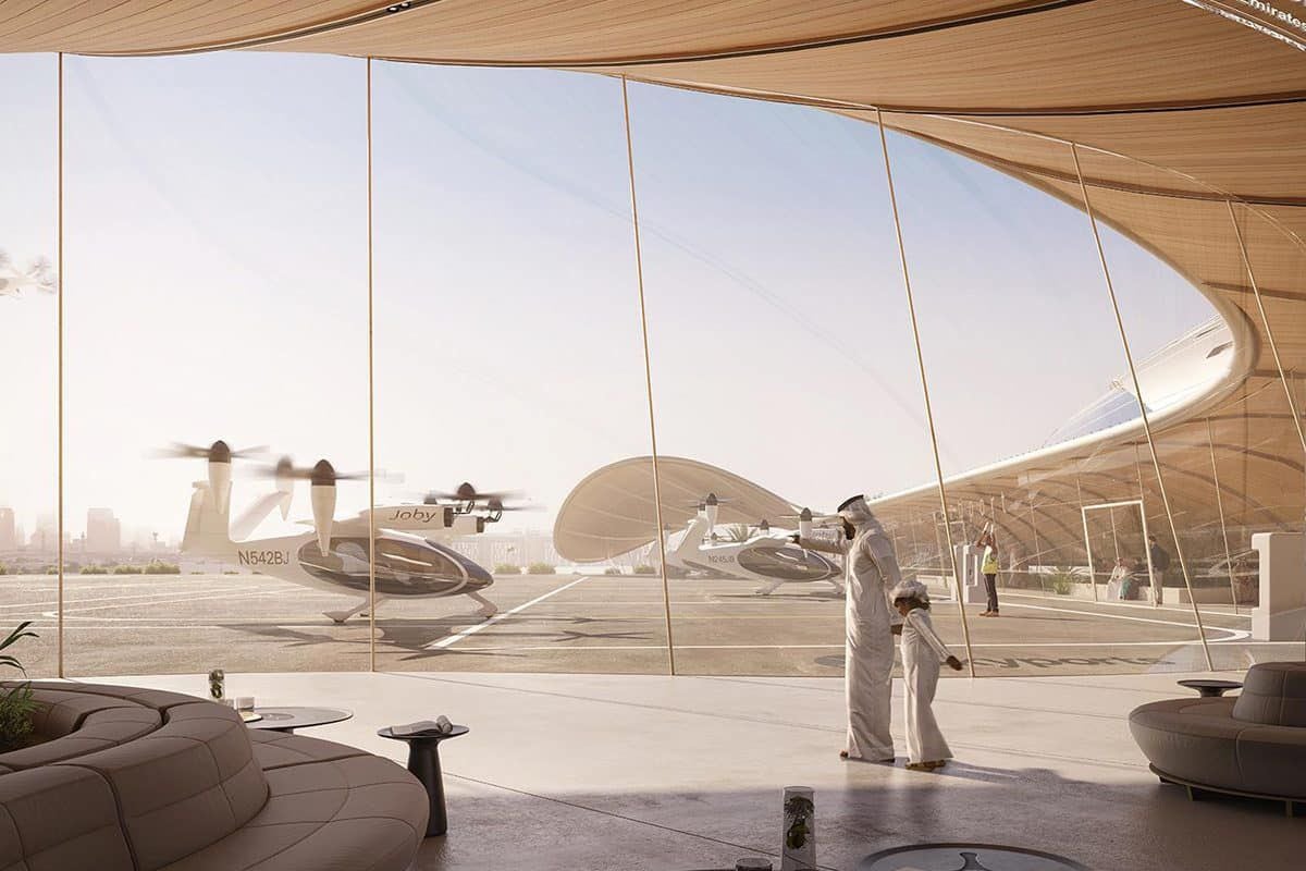 Diseño de la terminal Skyports Infrastructure Vertiport para taxis voladores eléctricos, que se encuentra junto al Aeropuerto Internacional de Dubai (DXB). (@HHShkMohd)