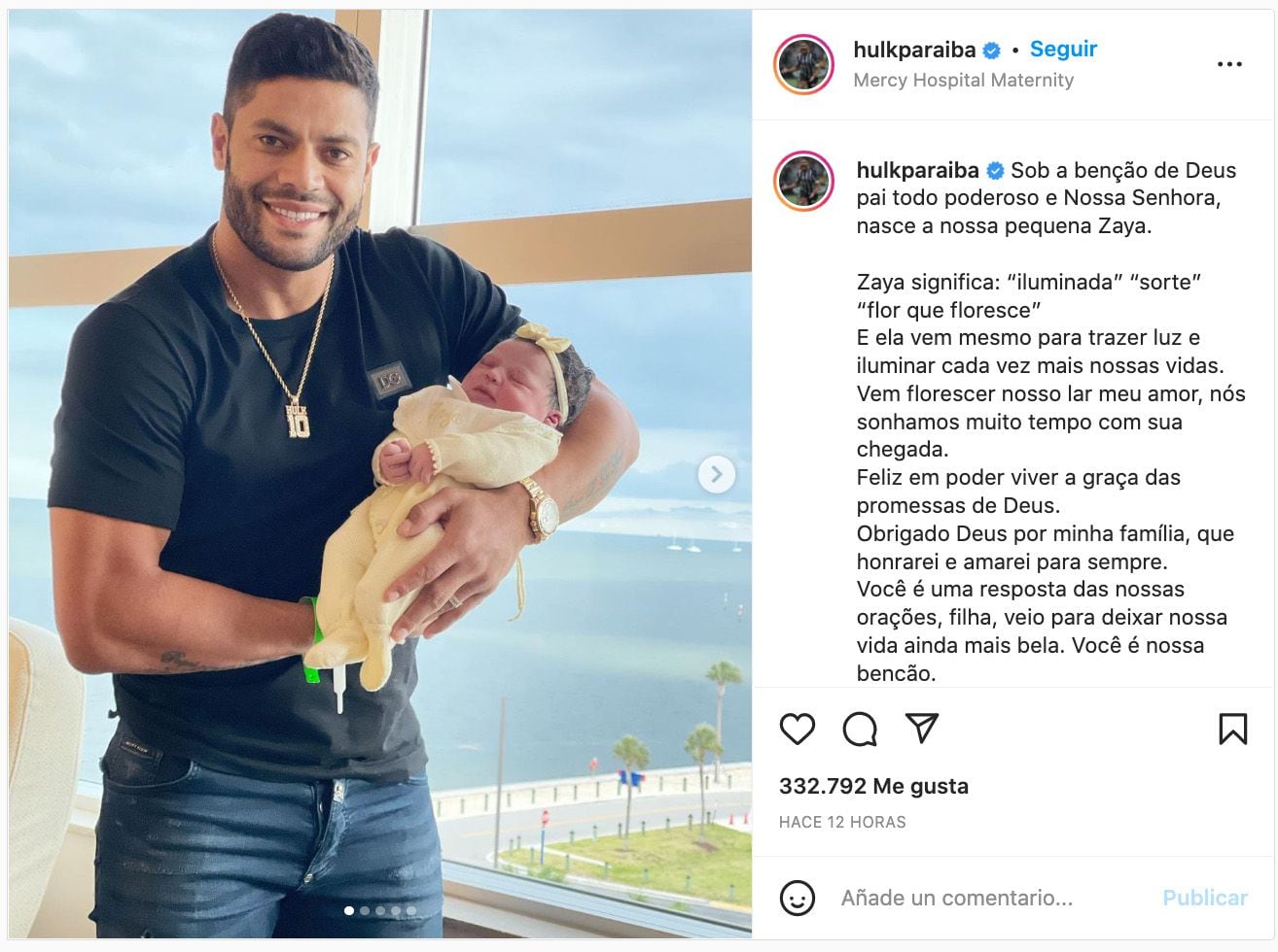 La publicación con la que Hulk anunció el nacimiento de su hija Zaya (@hulkparaiba)