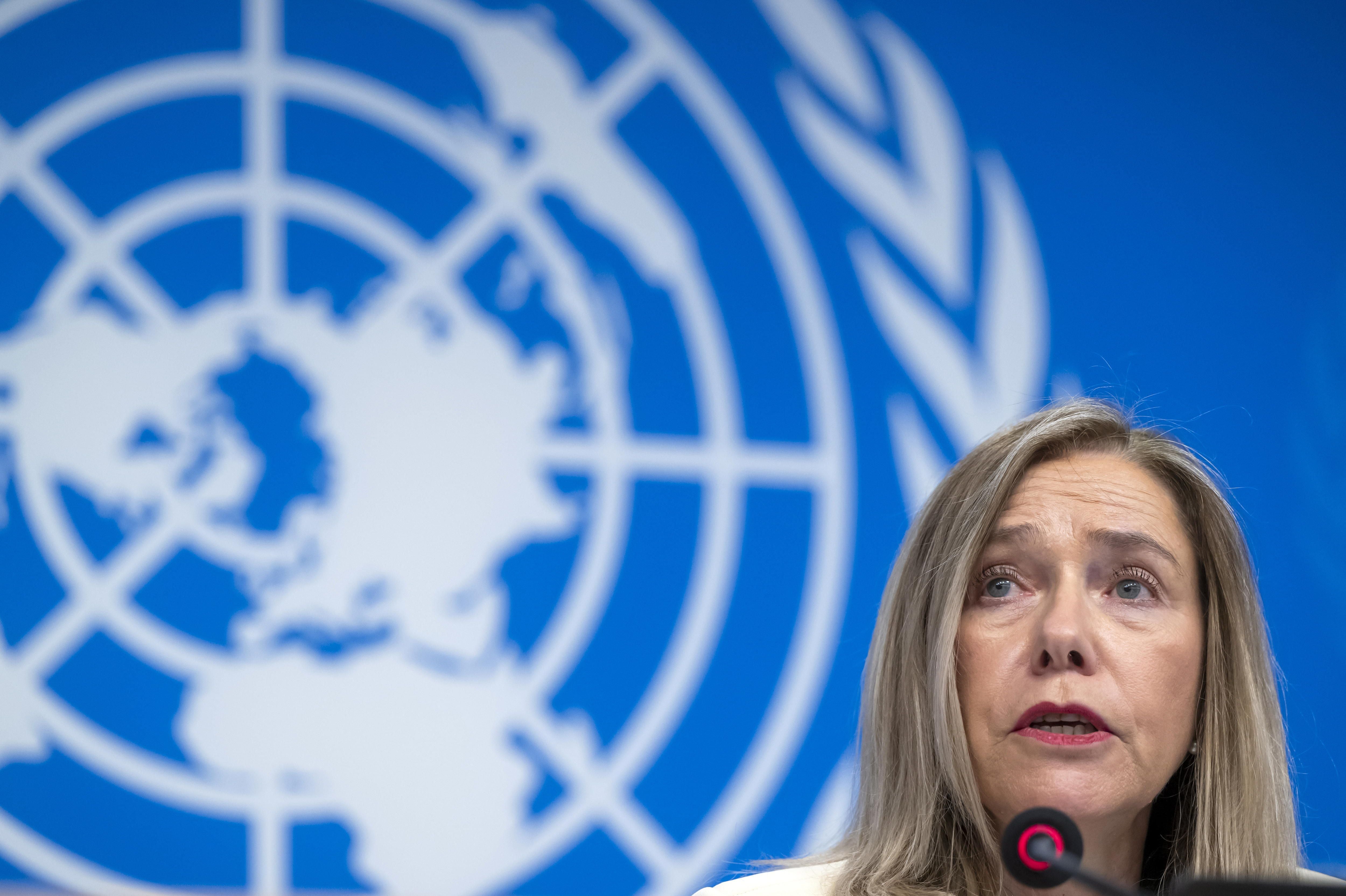 Celeste Saulo habla durante una rueda de prensa en la sede europea de las Naciones Unidas Naciones en Ginebra, Suiza (EFE/EPA/MARTIAL TREZZINI) 