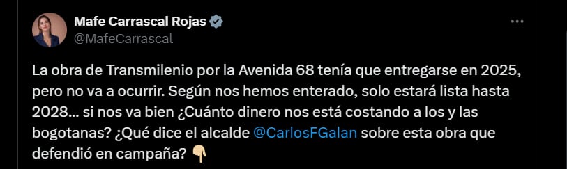 La congresista aseguró que la entrega de las obras se harán en 2028 por las demoras - crédito @MafeCarrascal/X