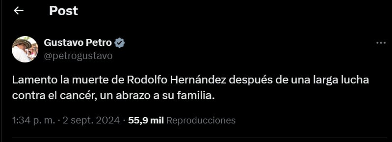 El presidente Gustavo Petro lamentó la muerte de Rodolfo Hernández - crédito red social X