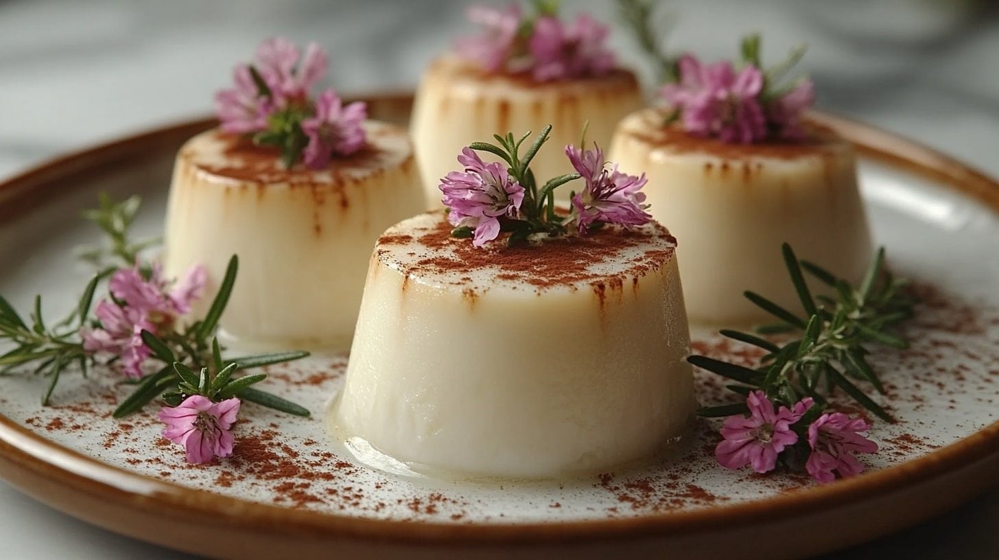 Postre Panna Cotta adornado con flores frescas de romero aporta calcio y minerales a tu cuerpo. - (Imagen Ilustrativa Infobae)