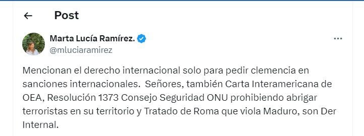 Marta Lucía Ramírez mostró su desacuerdo con comunicado de gobiernos de Brasil y Colombia - crédito