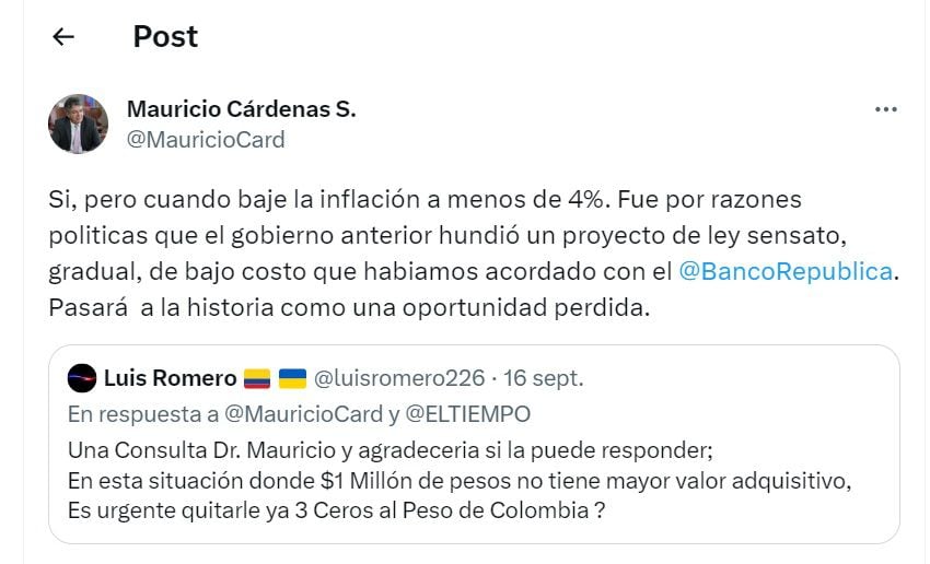 Publicación de Mauricio Cárdenas, exministro de Hacienda - crédito @MauricioCard/X