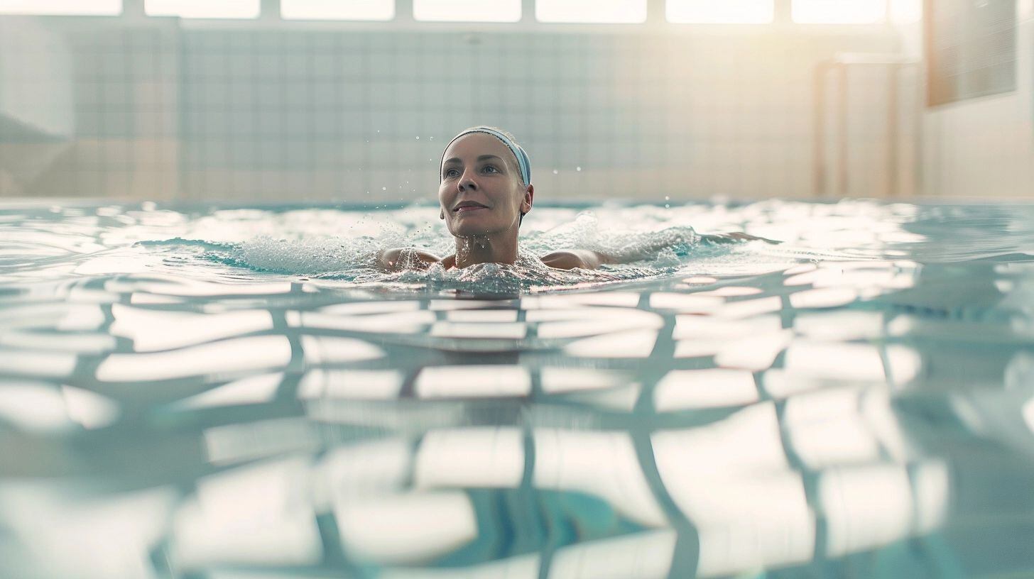 Una abuela realiza ejercicios de natación en una piscina, demostrando la importancia del mantenimiento físico en la tercera edad. Su compromiso con la salud y el bienestar a través del cuidado del cuerpo es un testimonio de amor propio y determinación. (Imagen ilustrativa Infobae)