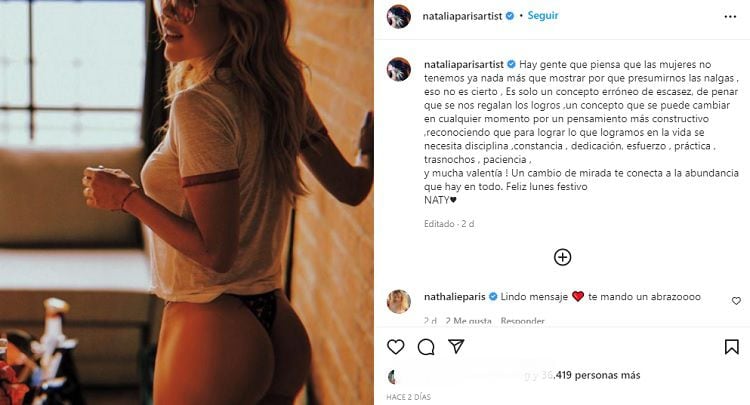 Natalia París e il suo messaggio in difesa delle donne: «Ci sono persone che pensano che non abbiamo nient'altro da mostrare perché mettiamo in mostra le nostre natiche». Foto: Instagram @nataliaparisartist