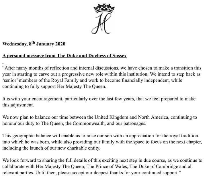 El comunicado de Meghan Markle y el príncipe Harry