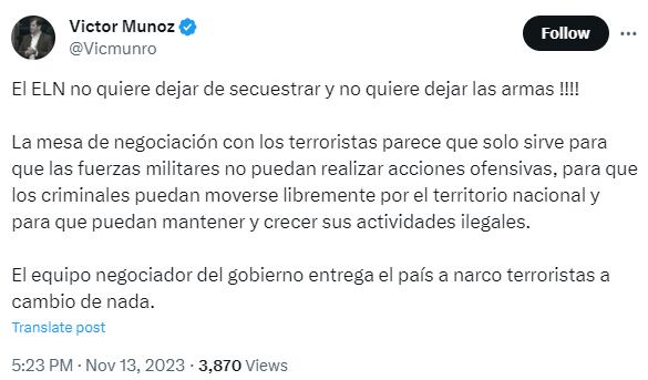 Víctor Muñoz lanzó críticas contra el equipo negociador del Gobierno nacional con el ELN- crédito @Vicmunro/X