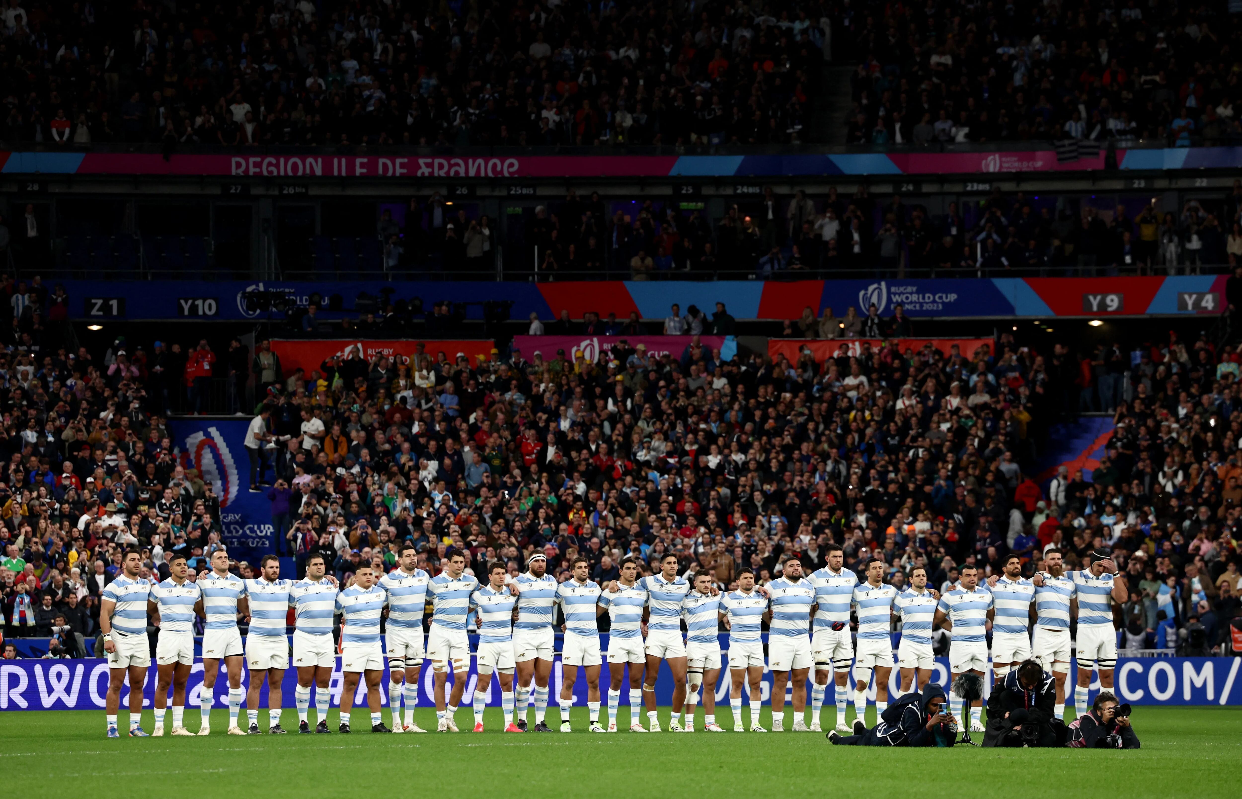 Rugby Union - Rugby World Cup 2023 - Semi Final - Argentina v New Zealand - Stade de France, Saint-Denis, France - October 20, 2023 Argentina players lined up as they wait to face the Haka before the match REUTERS/Stephanie Lecocq
