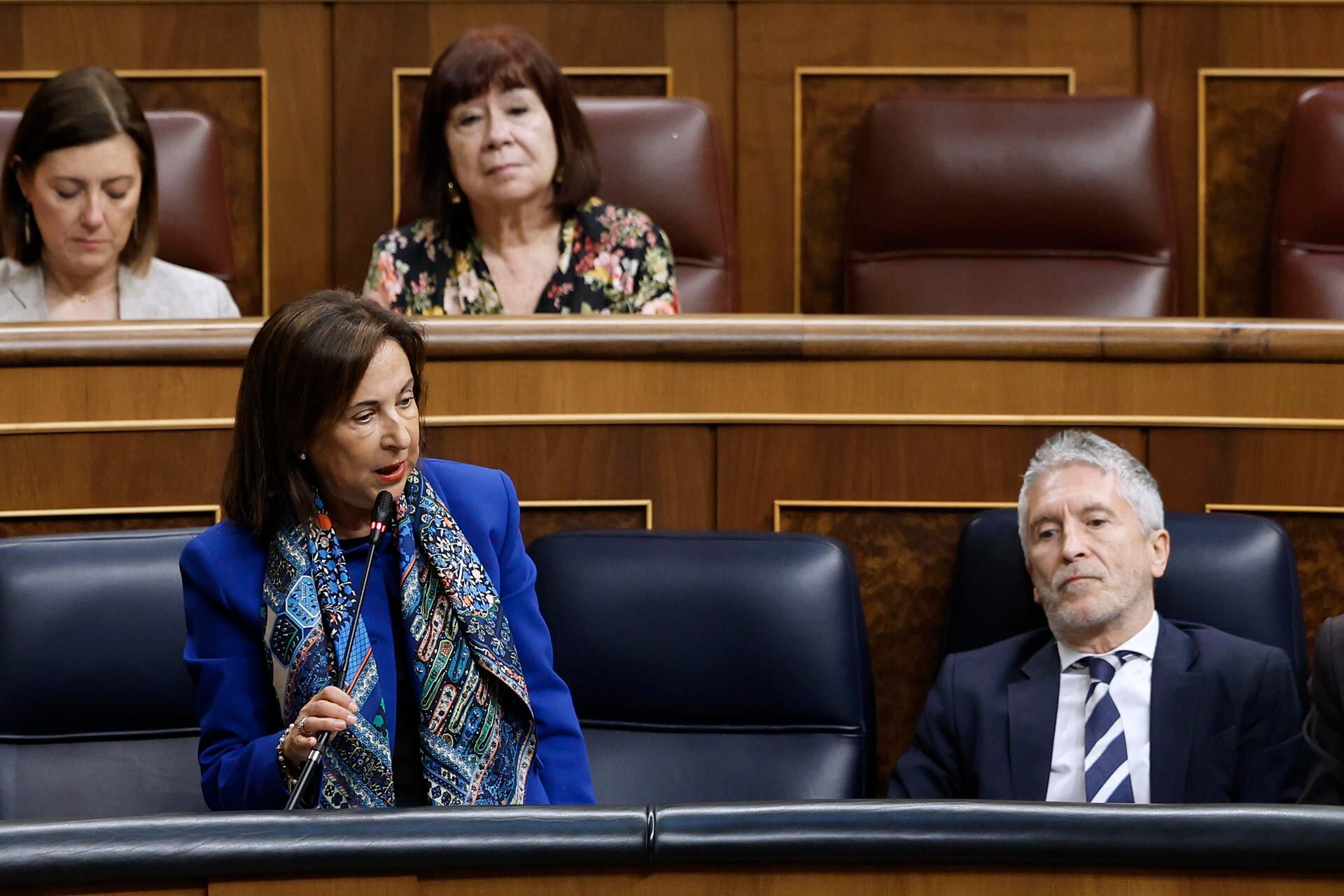 La ministra de Defensa, Margarita Robles, responde a la diputada Bel Pozueta este miércoles en el Congreso (EFE/Mariscal)