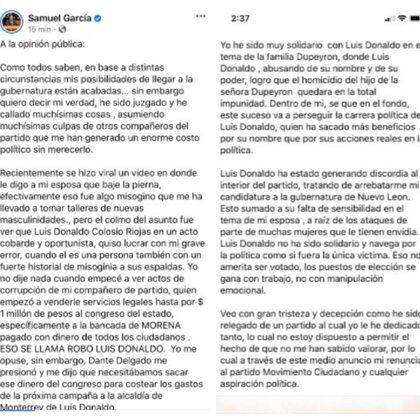 El comunicado completo publicado en las redes sociales de Samuel García, después de que le hackearan las cuentas (Foto: Facebook Samuel García)