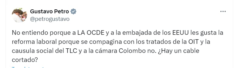 Gustavo Petro cuestionó que la Cámara Colombo Americana no apoye su polémica reforma laboral propuesta por el Gobierno - crédito @petrogustavo/X