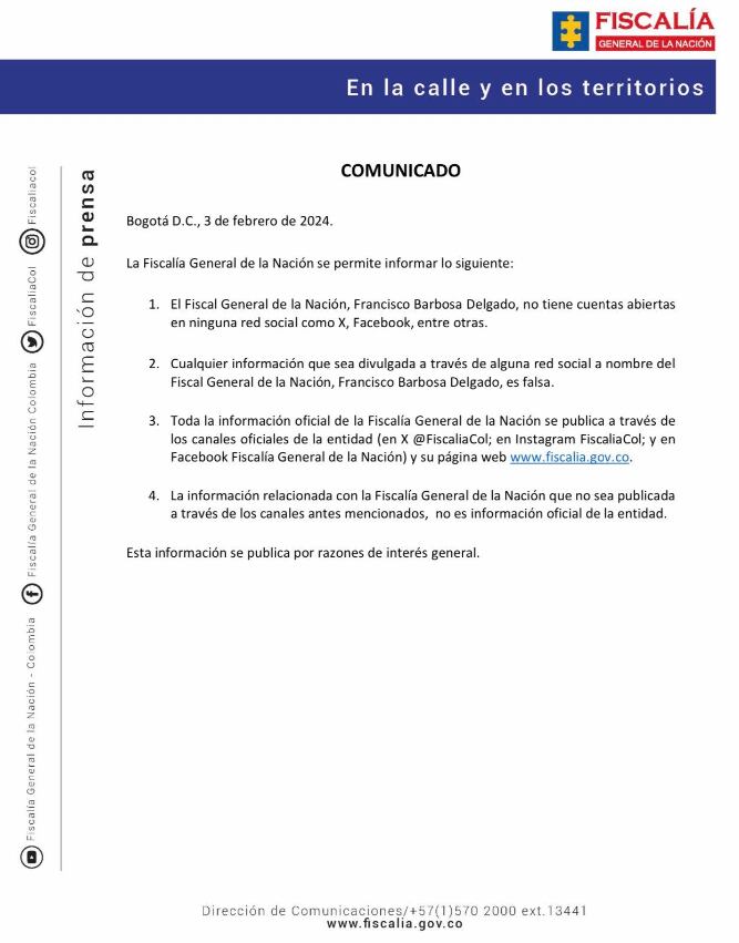 Comunicado Fiscalía respondiendo a los señalamientos del presidente Petro en cuenta falsa del fiscal Barbosa - crédito Fiscalía General de la Nación