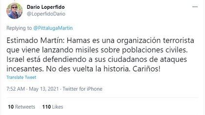 Messaggio dell'ex direttore del Teatro Colon, Dario Lupervido, per le espressioni gastronomiche Martin Petaluga sul conflitto tra Israele e Palestina (Twitter)