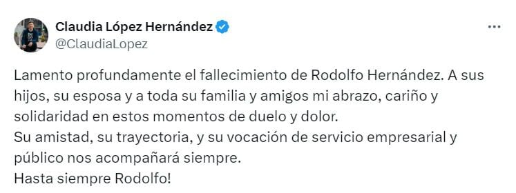 Esta fue la publicación de la exalcaldesa de Bogotá, sobre la muerte de Rodolfo Hernández - crédito captura de pantalla