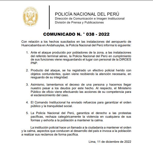 Comunicado de la Policía Nacional de Perú