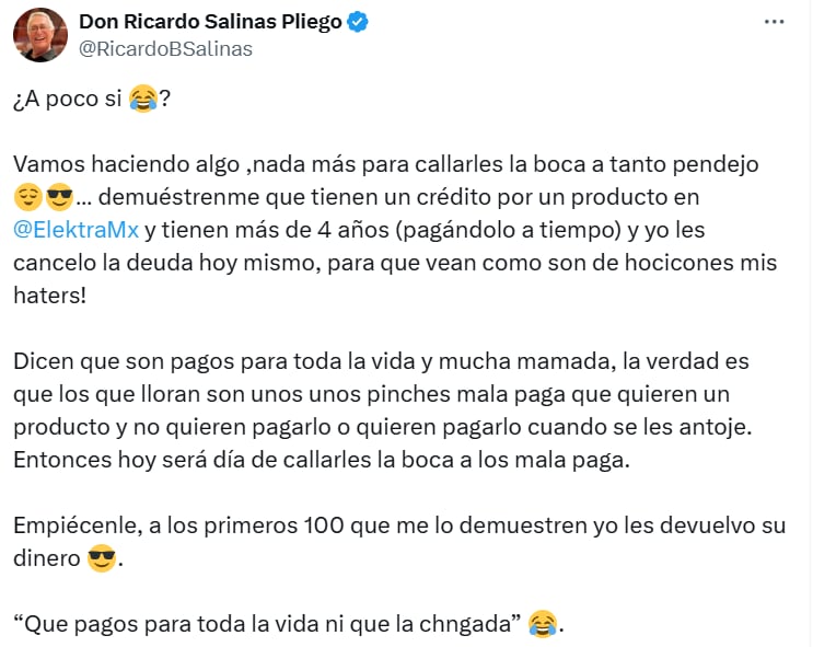 Desde sus redes sociales el empresario decidió comprometerse al reto. (TW Ricardo Salinas Pliego)