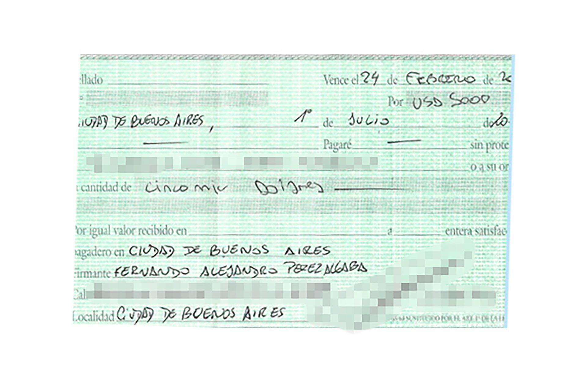 Uno de los cheques sin fondo por los que Pérez Algaba terminó demandado