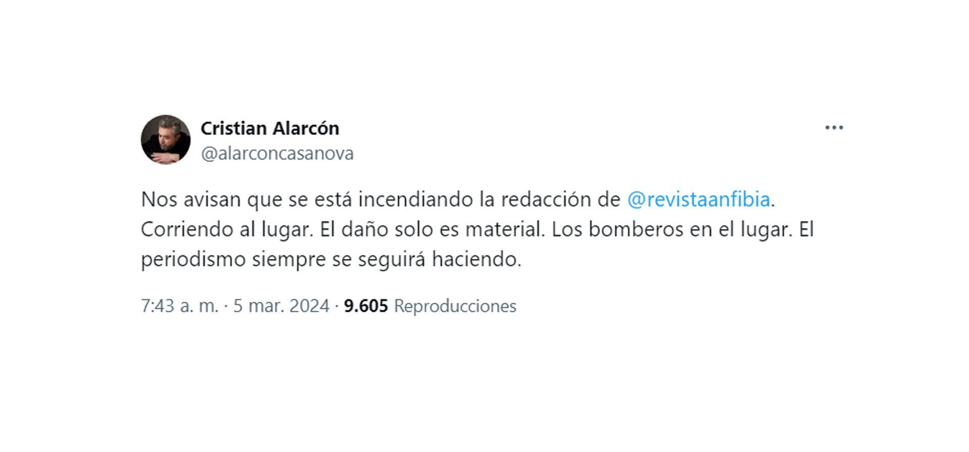 Post de Cristian Alarcon sobre incendio en revista Anfibia