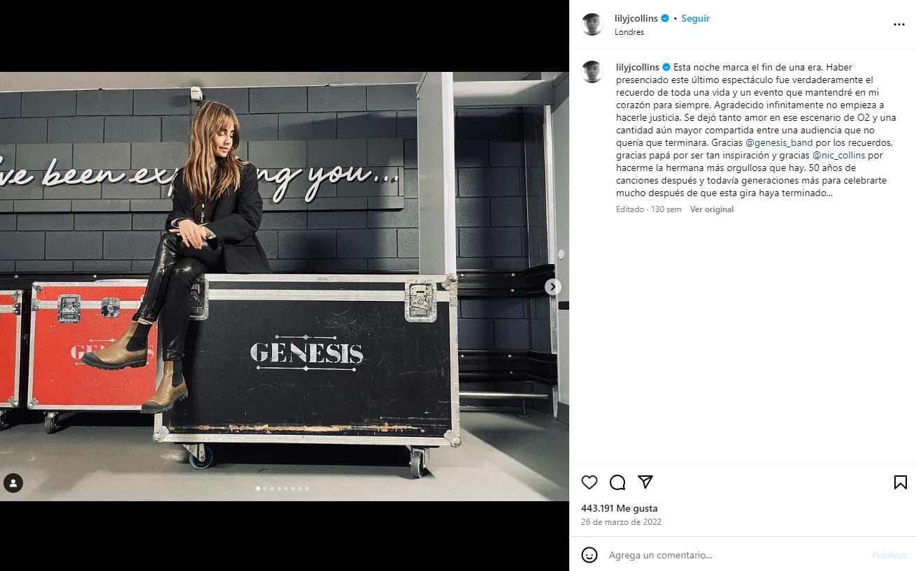 Lily Collins compartió un mensaje de agradecimiento cuando Genesis brindó su show de despedida
(Créditos: Instagram/Lily Collins)