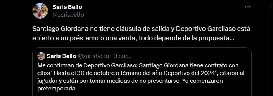 Tal parece que Millonarios deberá negociar directamente con Deportivo Garcilaso por la salida de Santiago Giordana - crédito @sarisbello/X