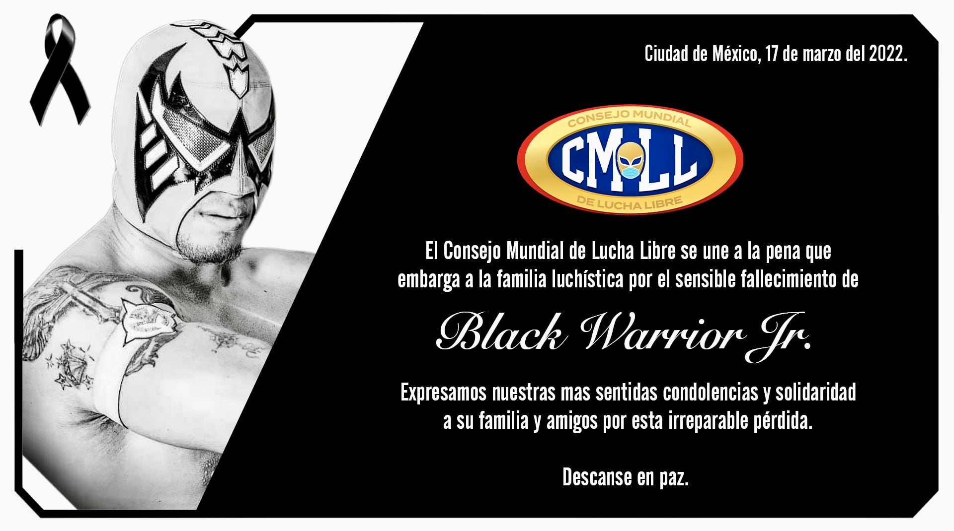 Black Warrior Jr. starb im Alter von 24 Jahren, dem berühmten Kämpfersohn von „Negro“ Casas (Foto: Twitter/ @CMLL_OFICIAL)