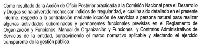 Conclusión del informe de la Contraloría sobre contratación de amiga de Otárola en Devida.