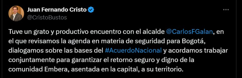 ministro del Interior, Juan Fernando Cristo, sobre el encuentro con Carlos Fernando Galán - crédito @CristoBustos/X