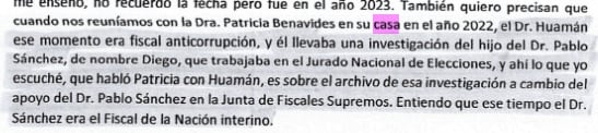 Patricia Benavides intentó negociar archivamiento de caso contra hijo de Pablo Sánchez, a cambio de tener su apoyo en la Junta de Fiscales Supremos. Infobae.