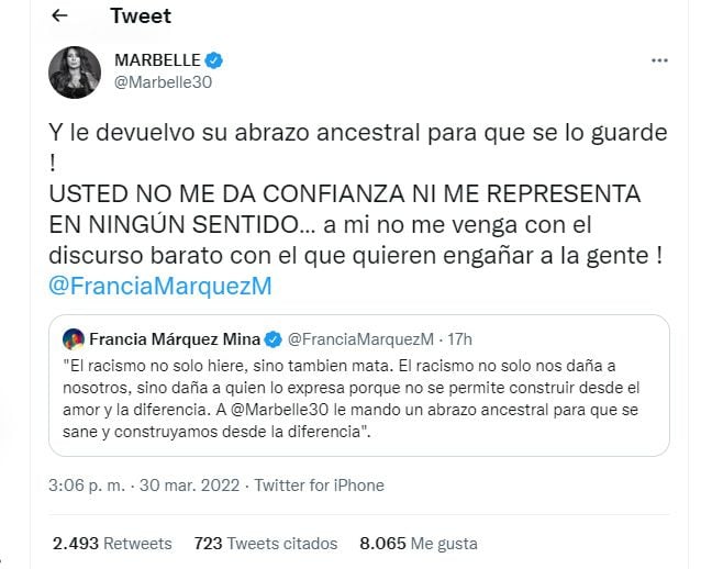 “O abraço de Judas”: Marbelle responde a Francia Márquez e rejeita seu gesto