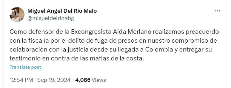 El abogado indicó que el preacuerdo es parte del compromiso adquirido por la excongresista - crédito @migueldelrioabg/X