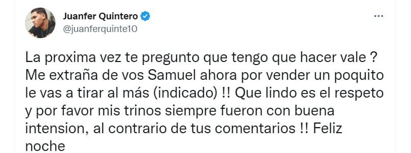 El mediocampista respondió a los comentarios del periodista Samuel Vargas y aseguró que sus trinos fueron con buena intención