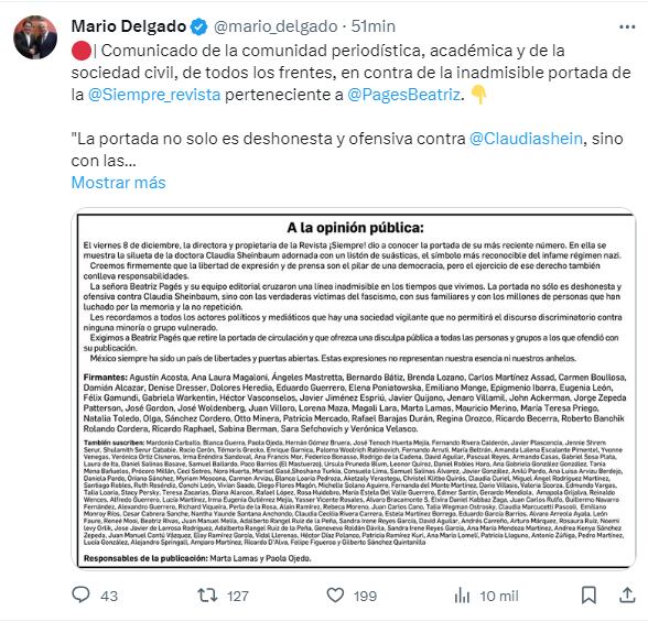 Mario Delgado comparte la carta del grupo plural que exigió se dejara de distribuir el número de la revista Siempre donde aparece la silueta de Claudia Sheinbaum con una banda con esvásticas