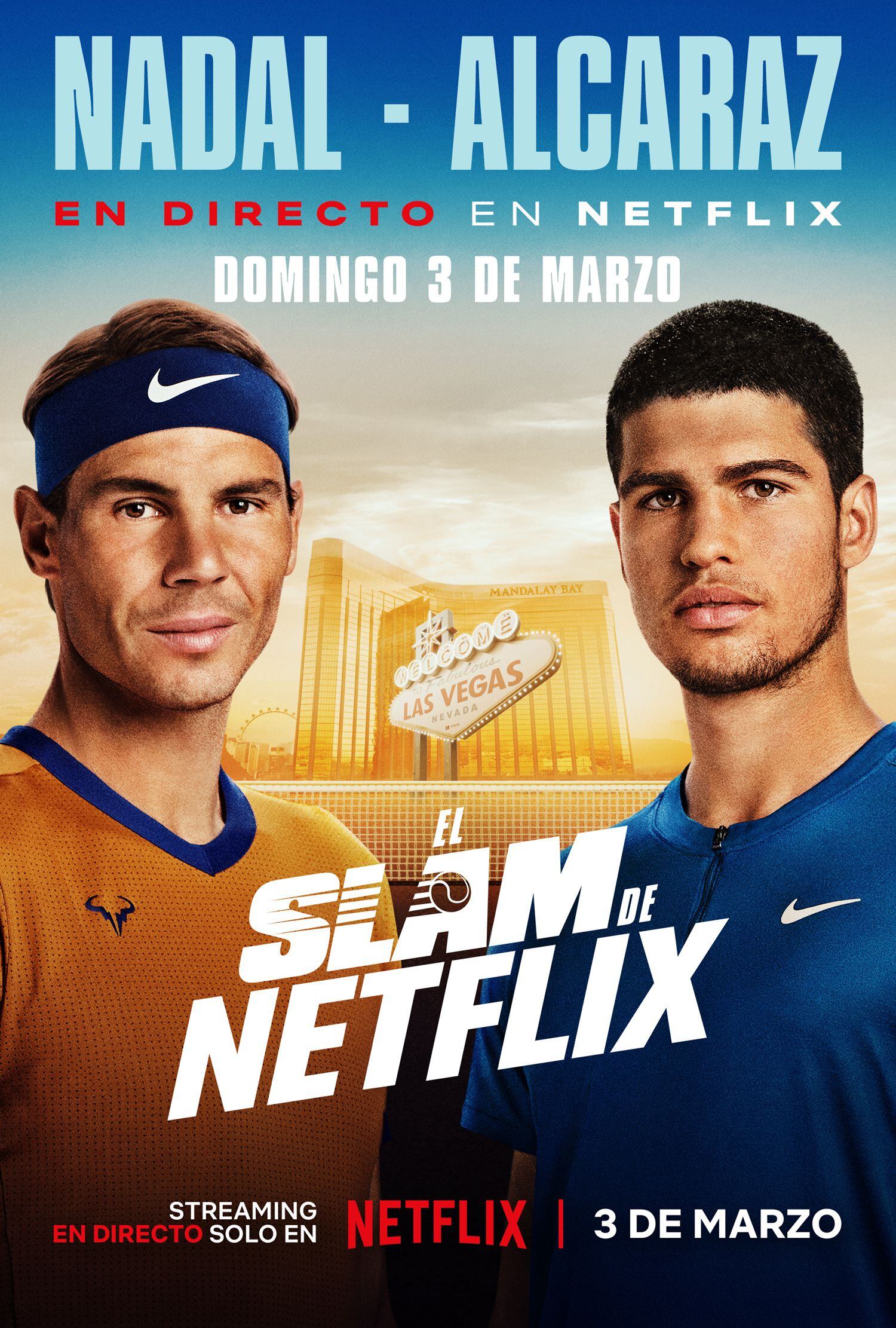 Cartel publicitario sobre el próximo partido de exhibición entre Rafa Nadal y Carlos Alcaraz en el mes de marzo en Las Vegas. (@NetflixES)