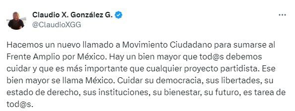 El empresario quiere sumar al frente a Movimiento Ciudadano. 
Foto: TW Claudio X. González.