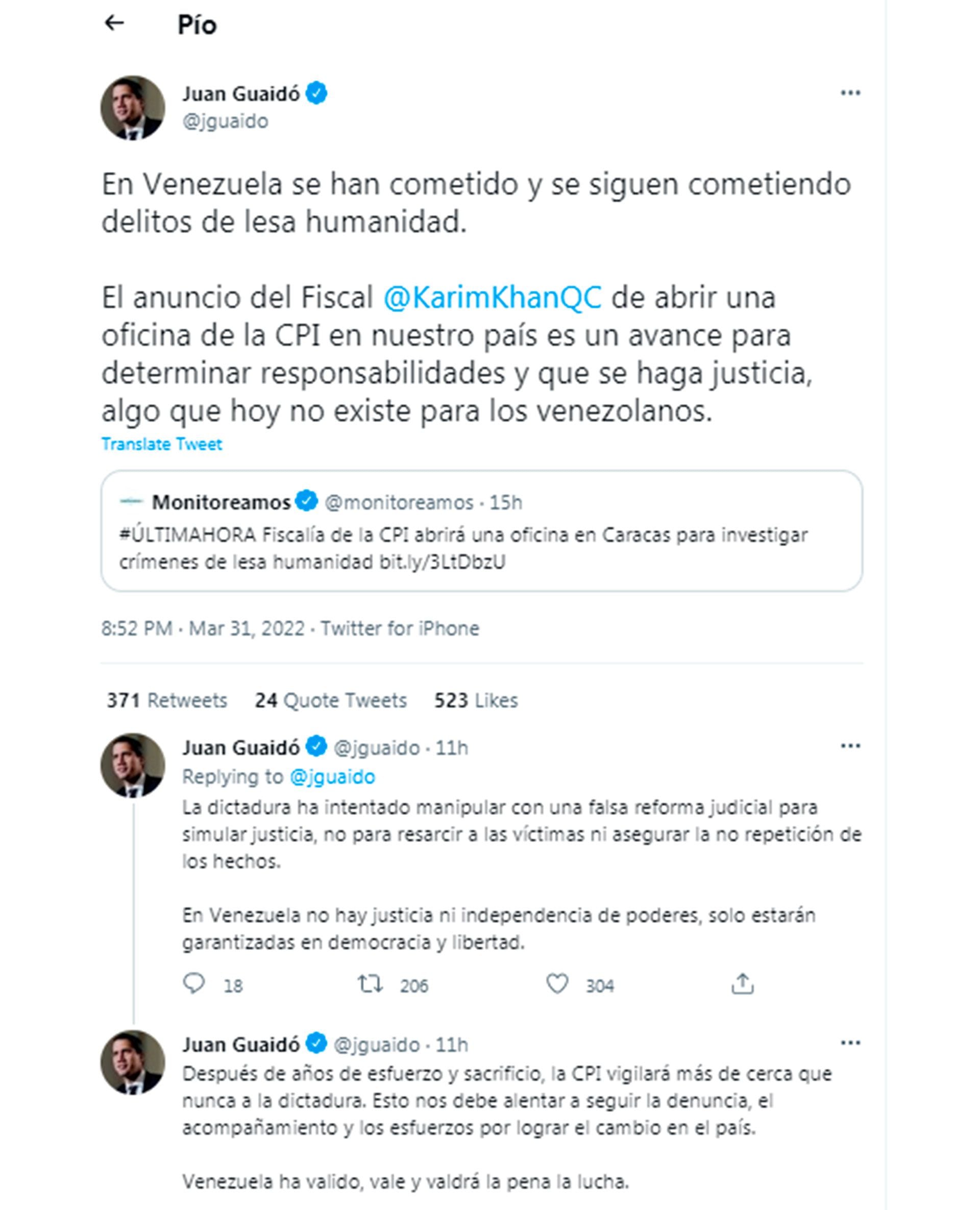 Juan Guaido twitta l'ICC Venezuela