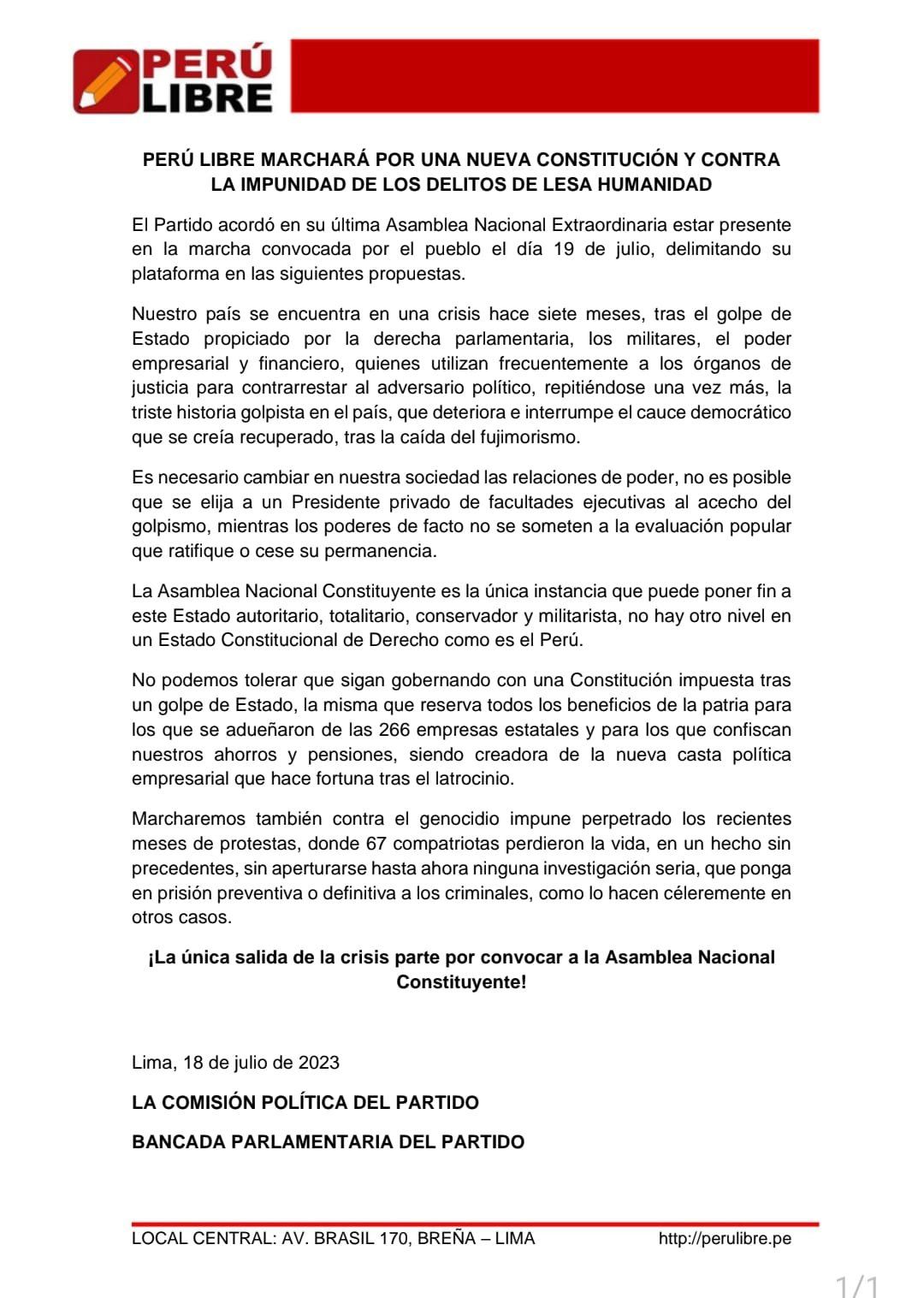 Comunicado de Perú Libre sobre su respaldo a la manifestación denominada la 'Toma de Lima'. | Vladimir Cerrón