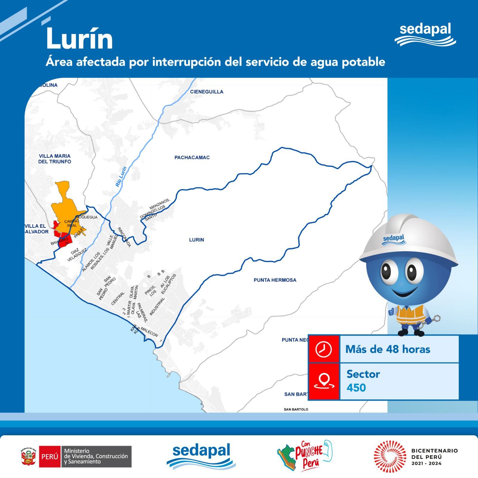 Mapa de las zonas que serán afectadas por el corte de agua en Lurín y horarios en que se suspenderá el servicio | Crédito: Sedapal.