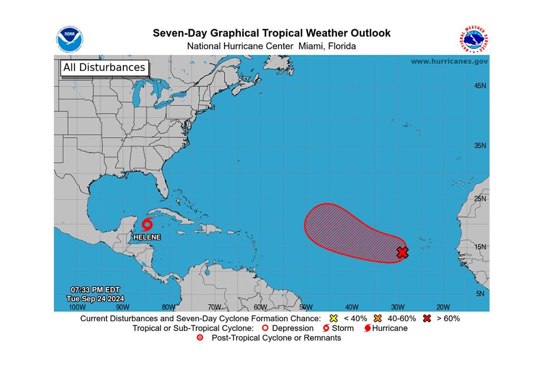 Helene podría tocar tierra en el Panhandle el jueves, según los pronósticos. (NHC)